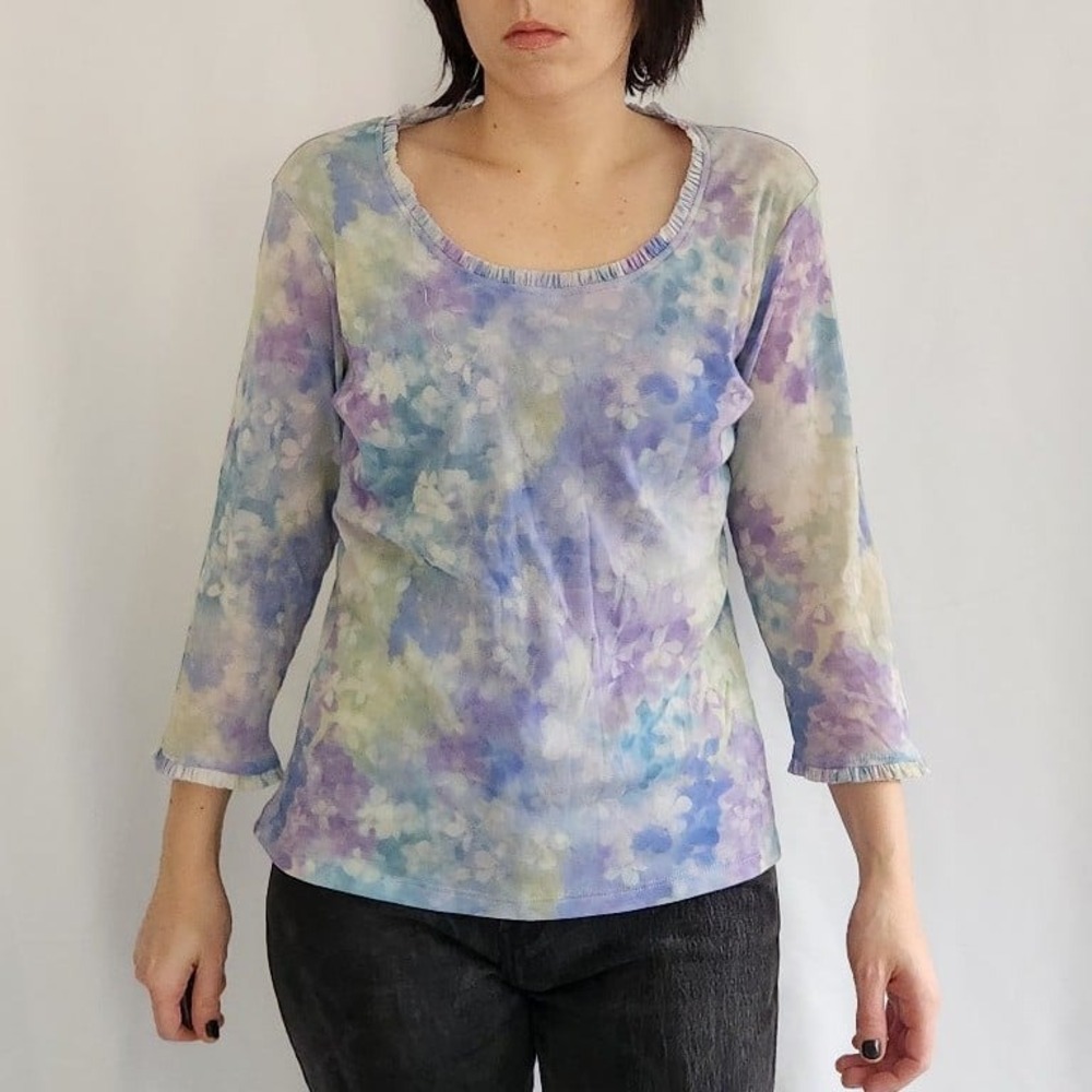 90s/Y2K‎ Purple and Blue Watercolor Floral Blouse